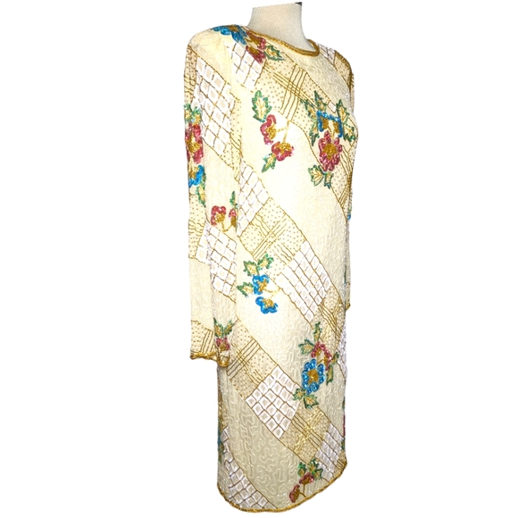 Gorgeous 100% SilkBeige embroidered midi long sleeve beaded sequins dress Size M - Picture 7 of 13